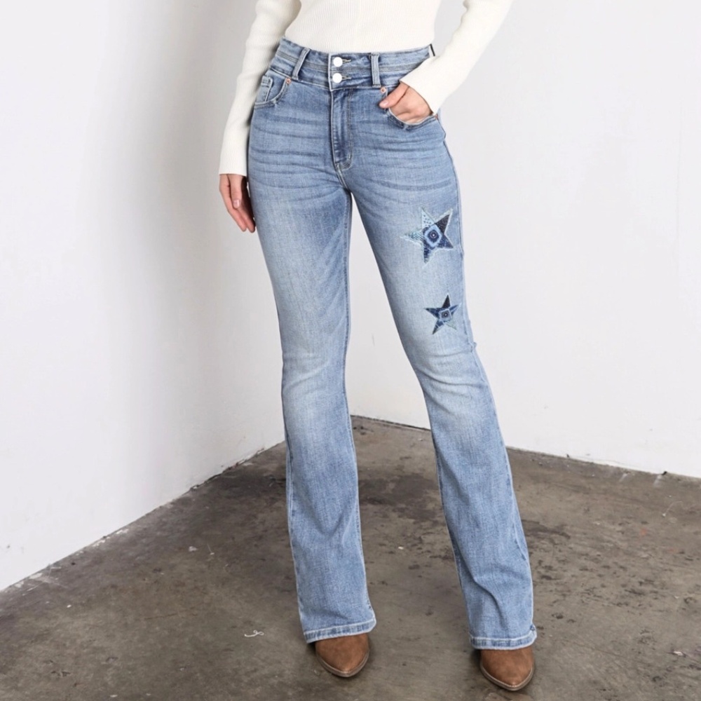 Artemis Vintage Star Patch Double Button Bootcut Jeans